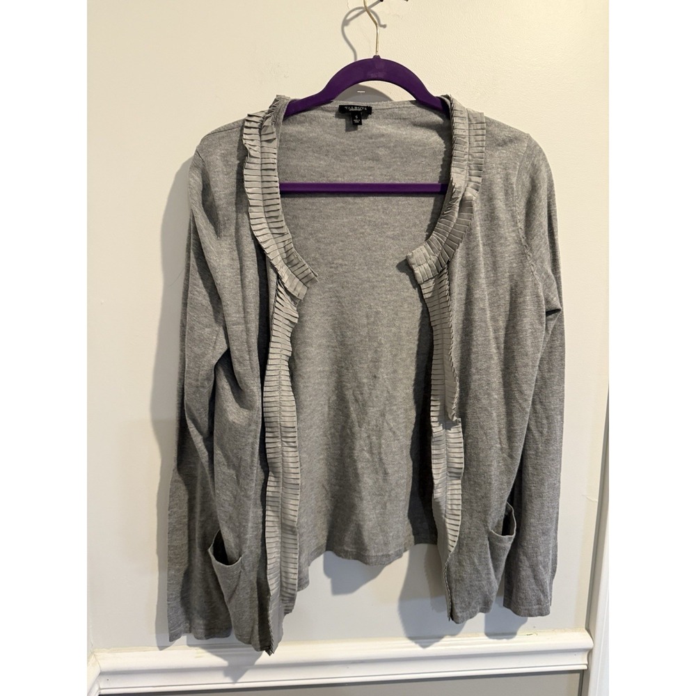 Talbots Petite Open‎ Cardigan Sweater Womens Small Gray Ruffles Knitted Casual